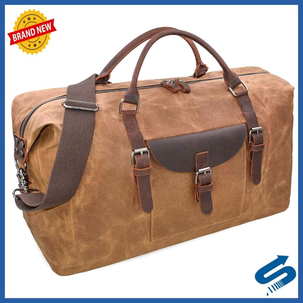 Oversized Travel Duffel Bag Waterproof Canvas Genuine Leather Weekender Carryon